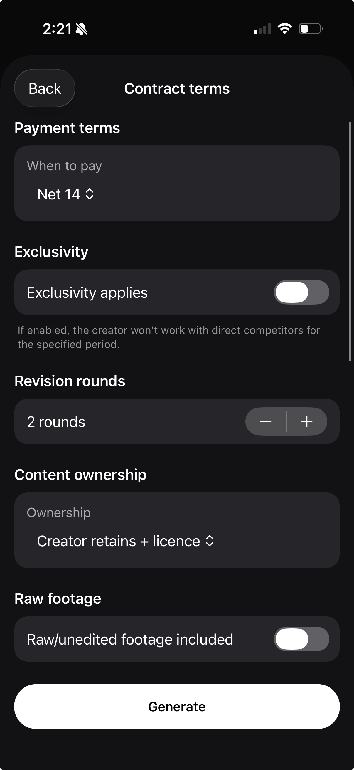 Contracts in The Content Farm app