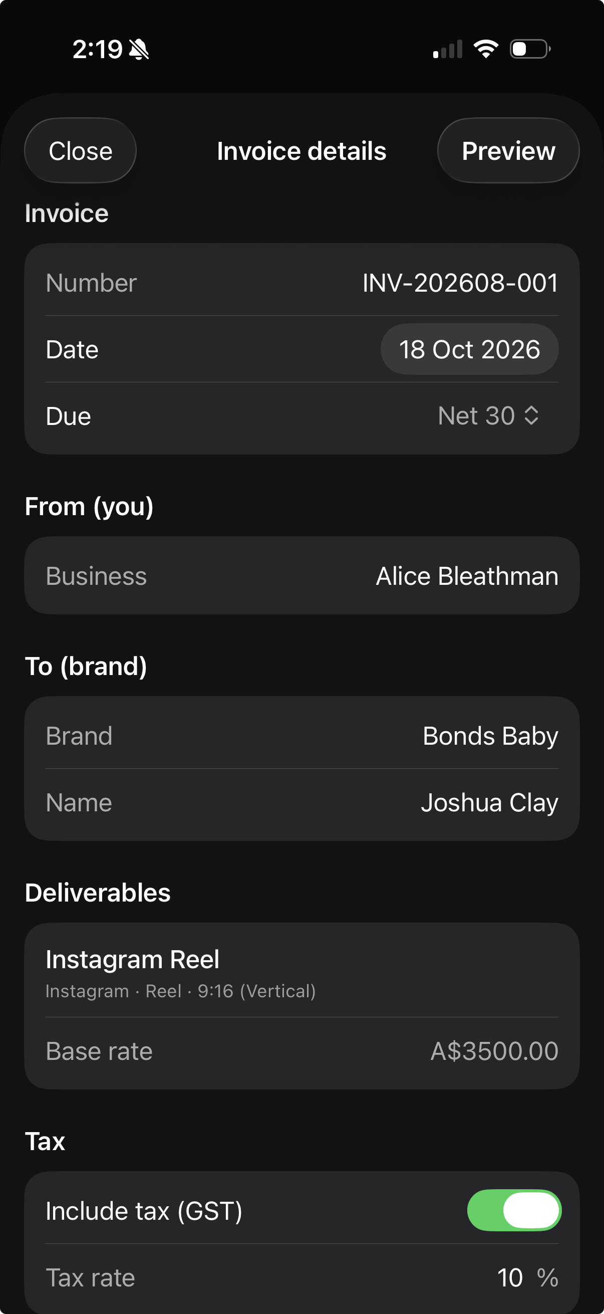 Invoicing in The Content Farm app