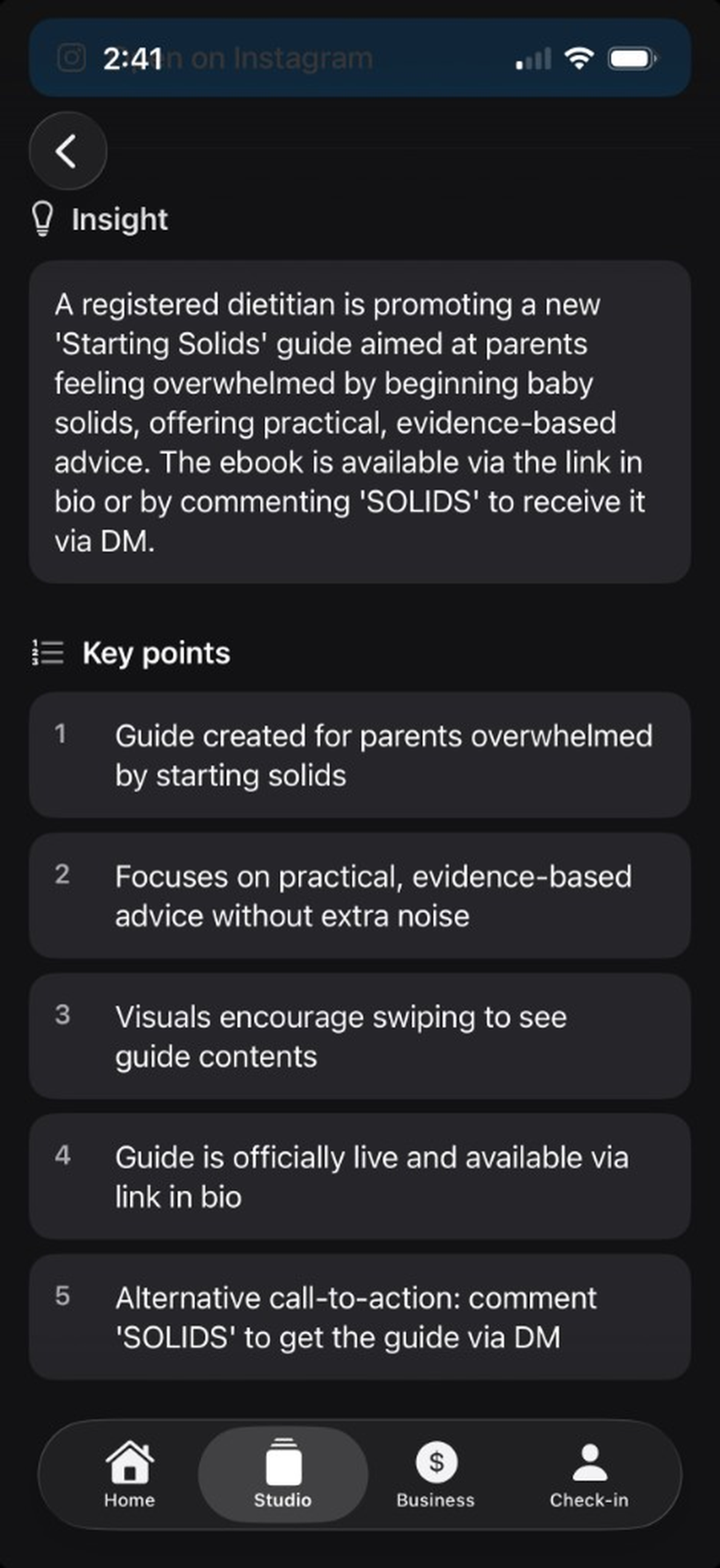 Content Farm Studio showing AI insight and key points for a saved Instagram post